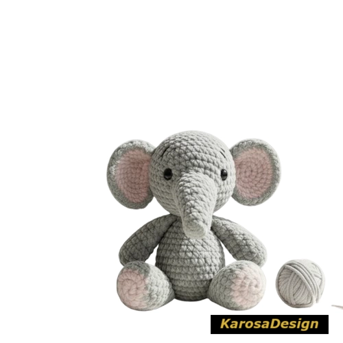 Ontwerp van Olifant Pippo met witte bureau, een zachte resultaat van de nieuwe techniek op naald 5.